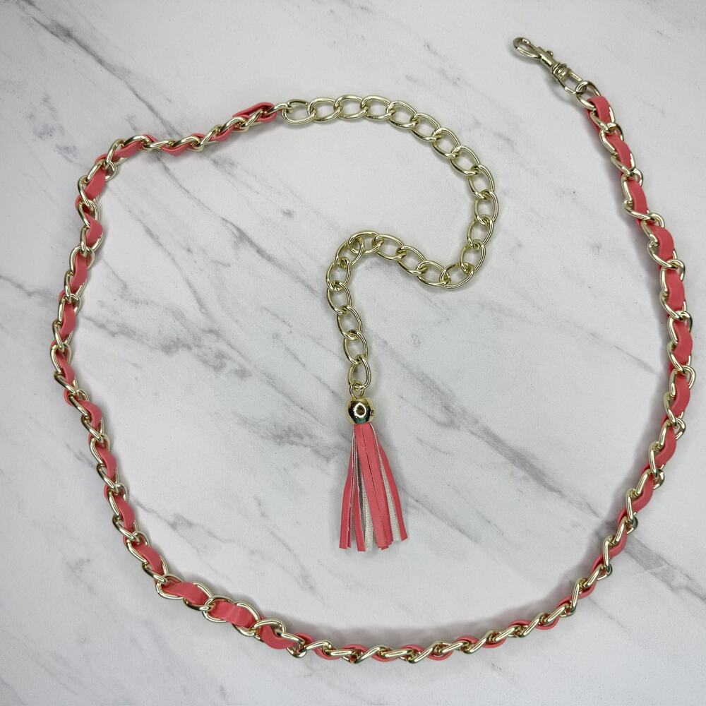 Coral Woven Gold Tone Metal Chain Belt Tassel Adjustable One Size (OS) ✨